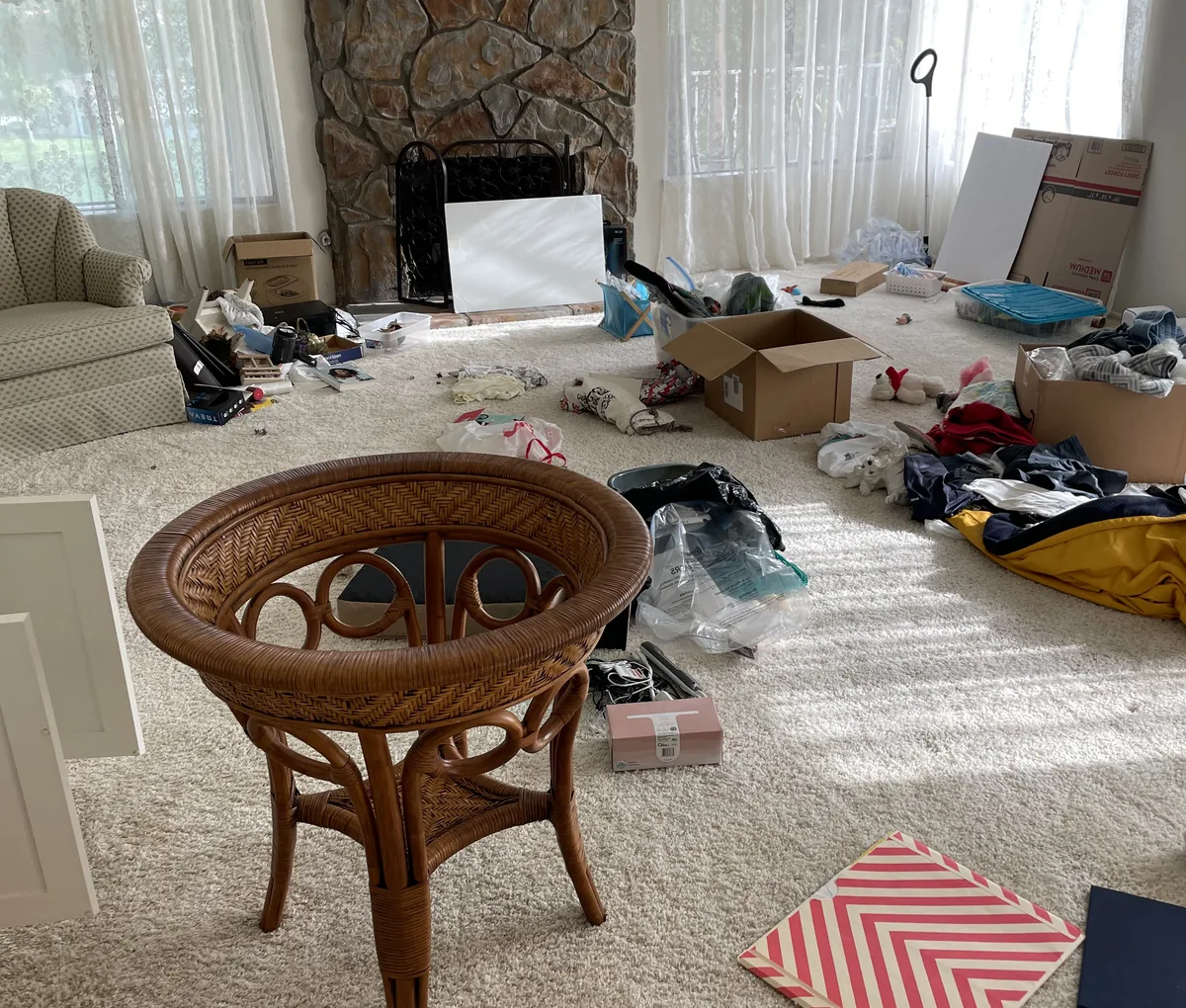 Living room full of scattered belongings and older furniture during an estate cleanout