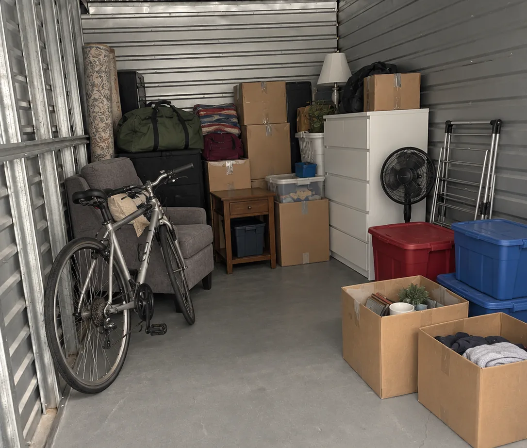 Storage unit filled with moving boxes, plastic bins, a dresser, a recliner and a bike