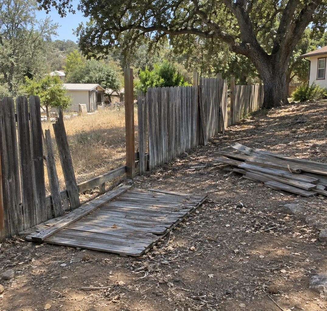 Old wood fence leaning along a property line with boards already torn down and stacked