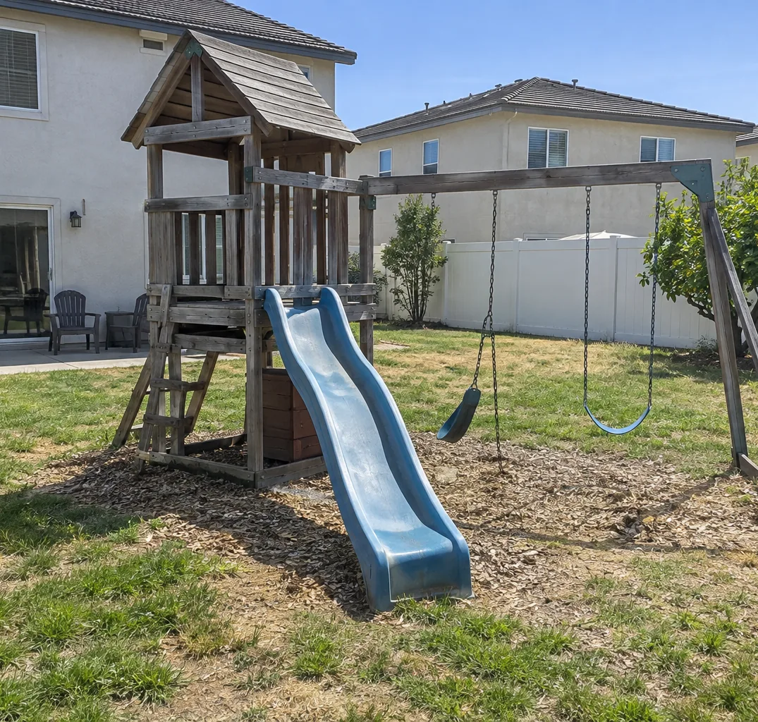 Faded wooden playset with a blue slide and two swings in a backyard