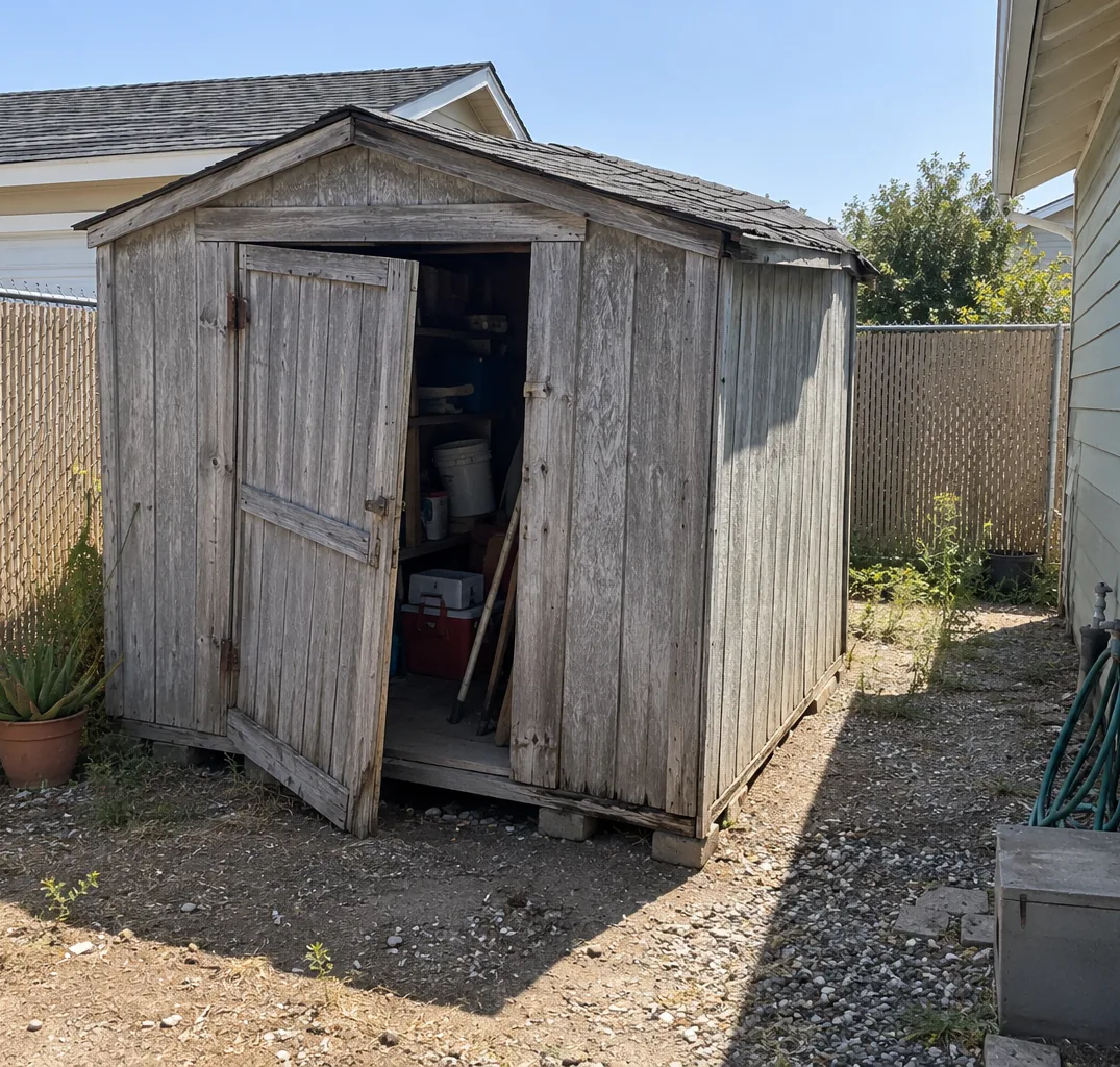 Weathered wood shed with the door hanging open in a side yard