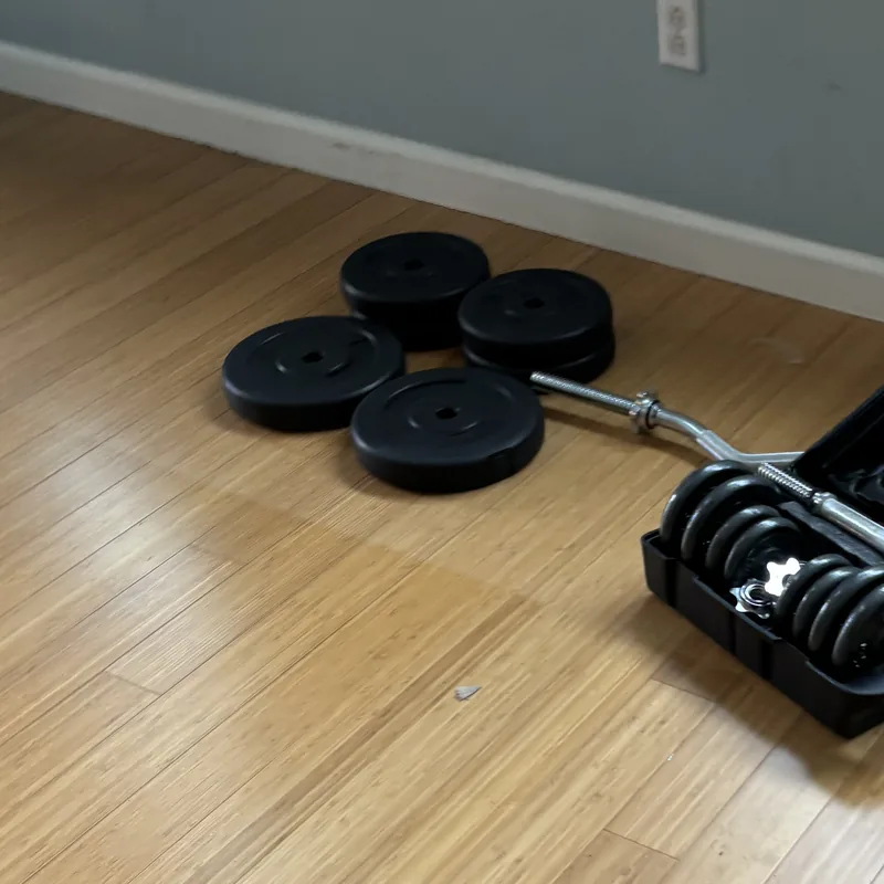 Dumbbells, weight plates and a barbell on a wood floor